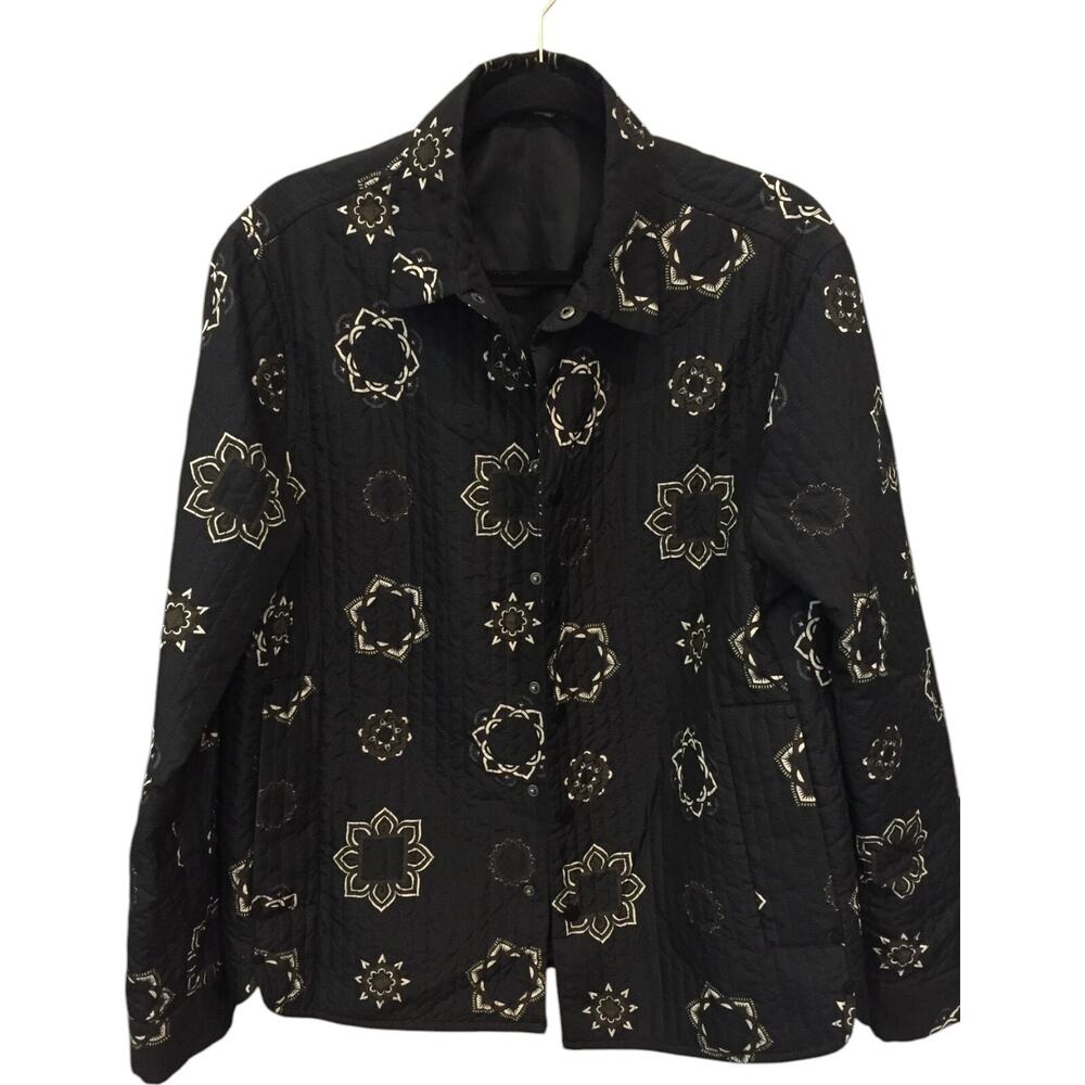 Button Up Jacket Mens Medium Quilted Floral Print Collared Black Long Sleeve
